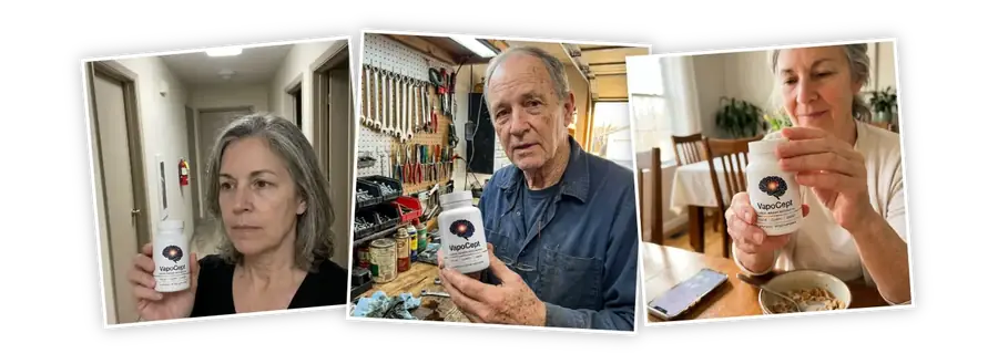 Adults holding VapoCept bottles at home and in the workshop