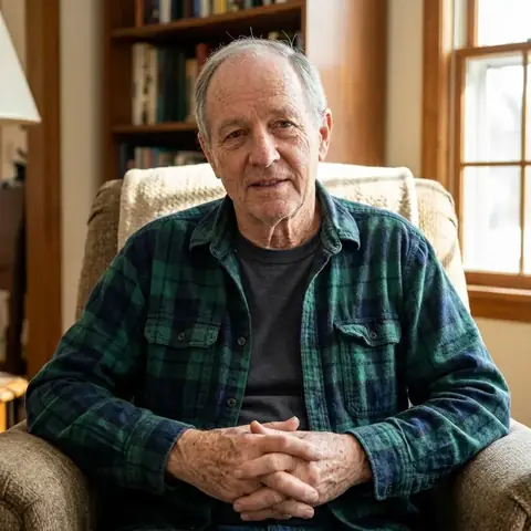 Older man sitting in a reading chair at home